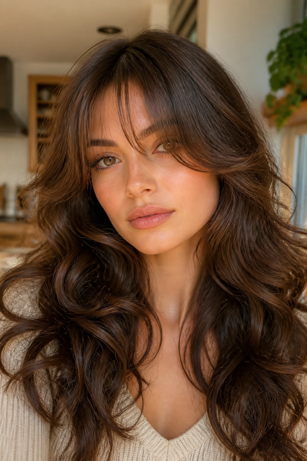 Close-up of a real woman with wispy curtain bangs and face-framing curls in a cozy interior.