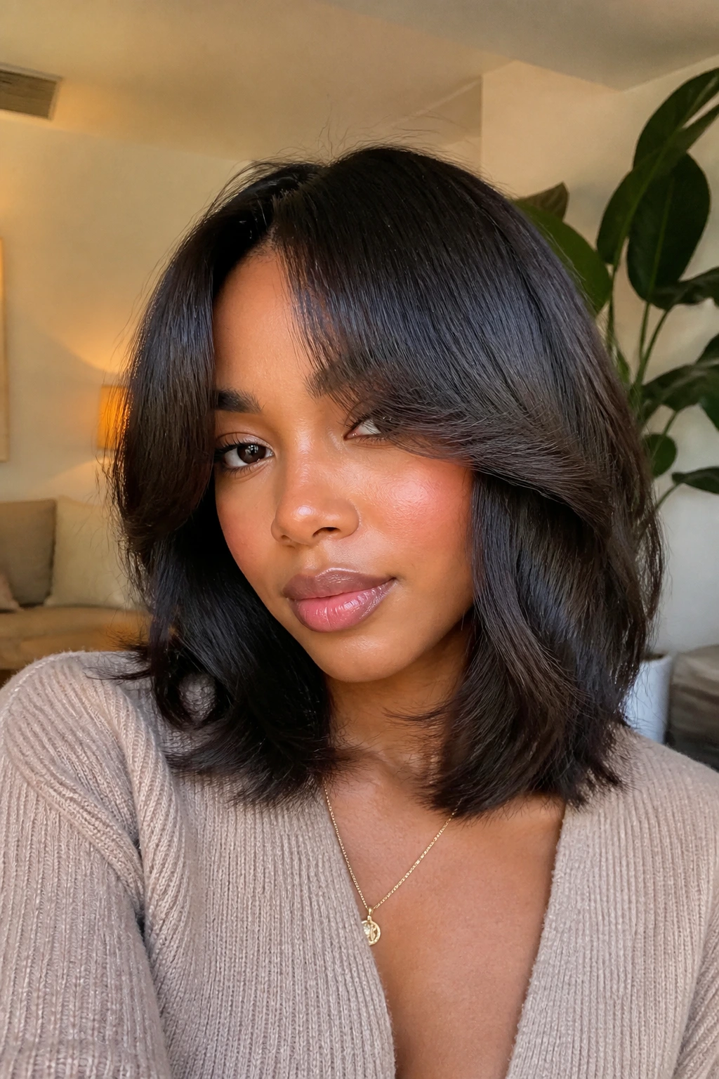 Close-up of a real woman with curtain bangs and face-framing layers on a lob