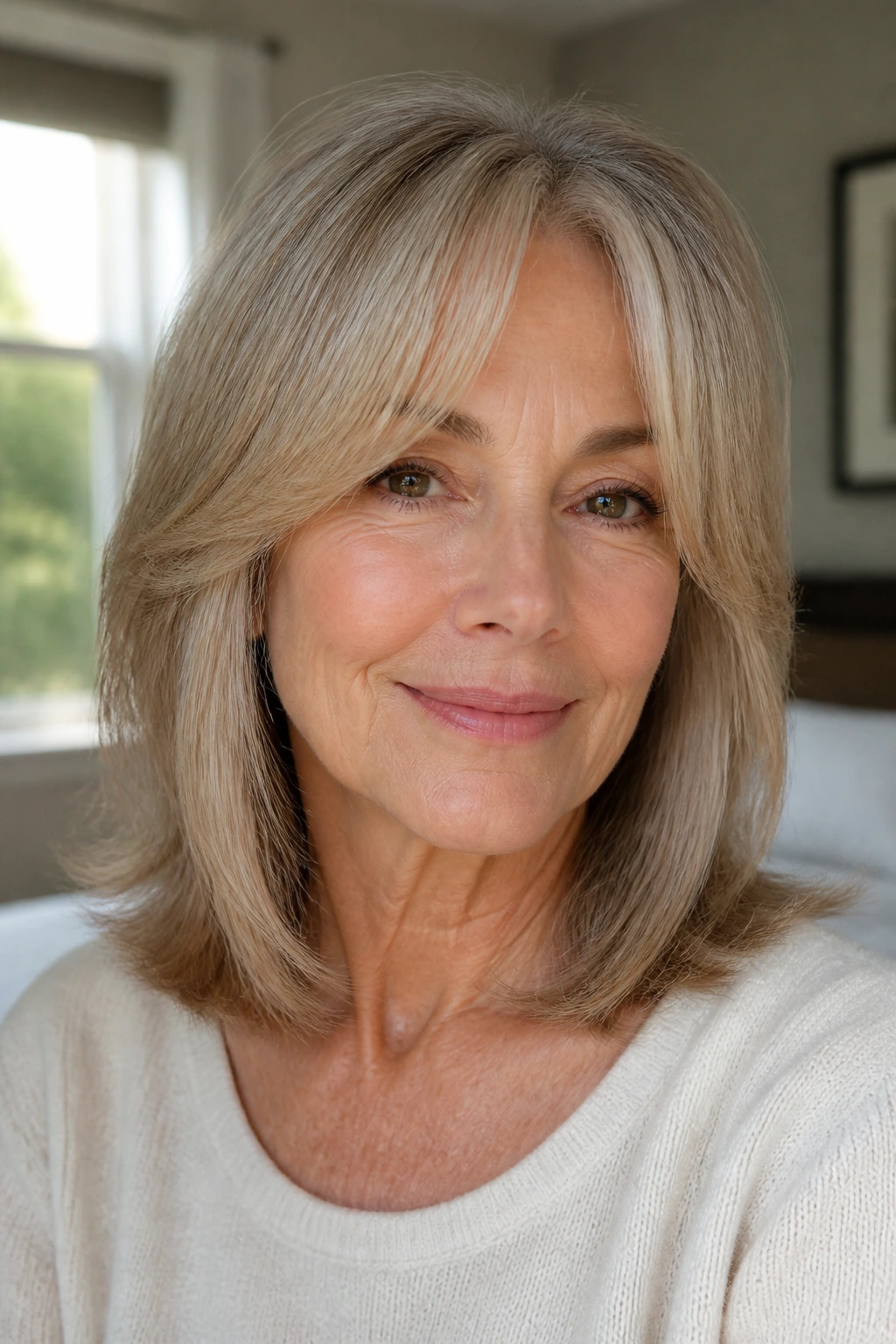Older woman with curtain bangs and face-framing lob