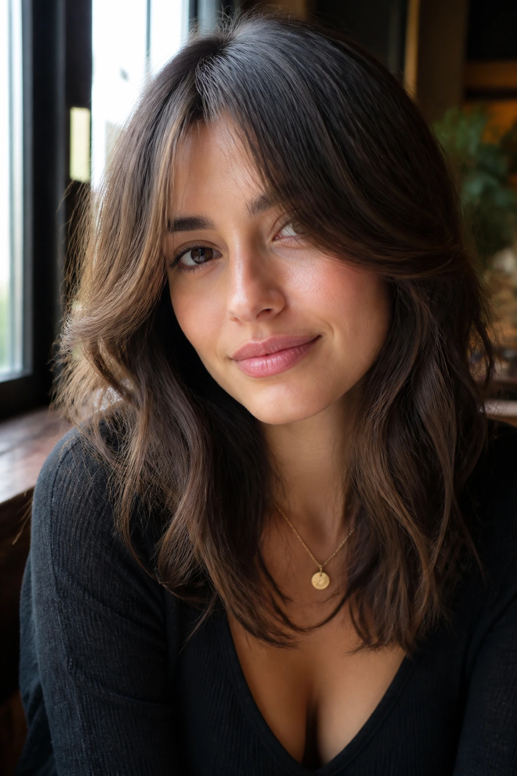 Woman with long curtain bangs feathered ends