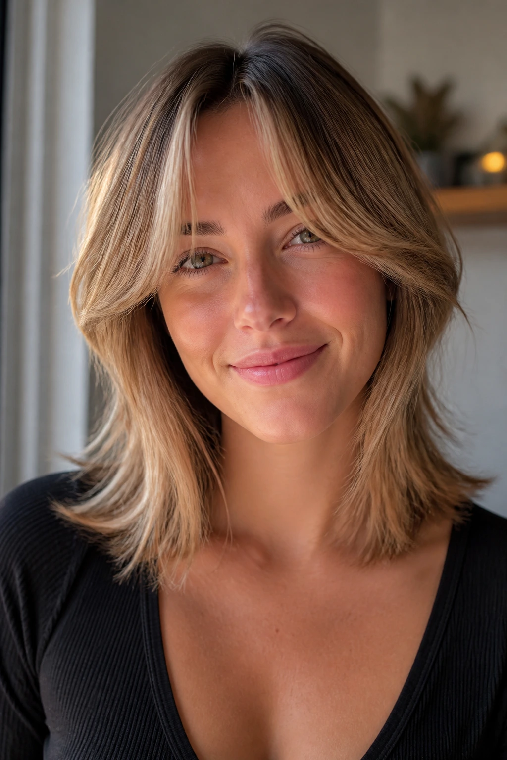 Close-up of curtain bangs with feather-light shoulder layers on a real person