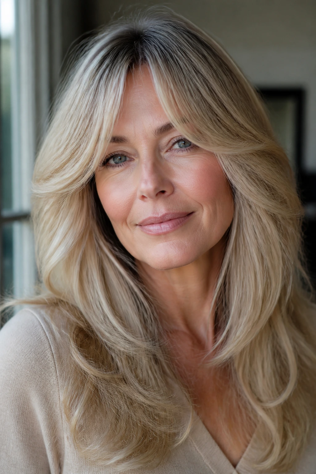 Portrait of a real woman with curtain bangs and feathered length in soft light