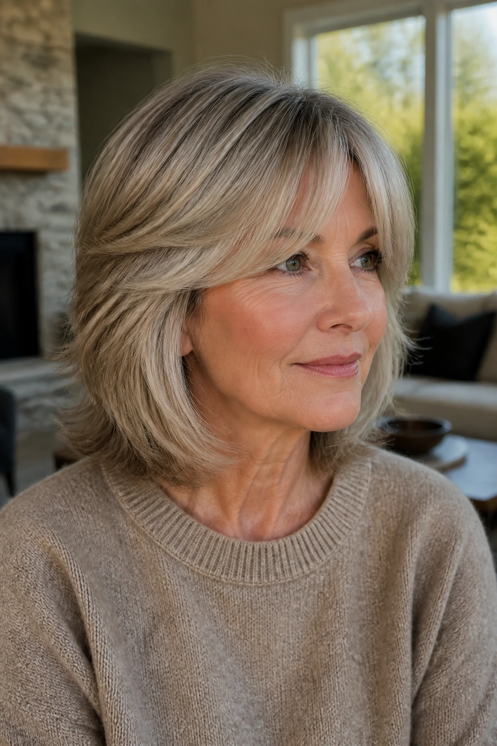 Close-up portrait of a real woman with curtain bangs on fine hair in natural light