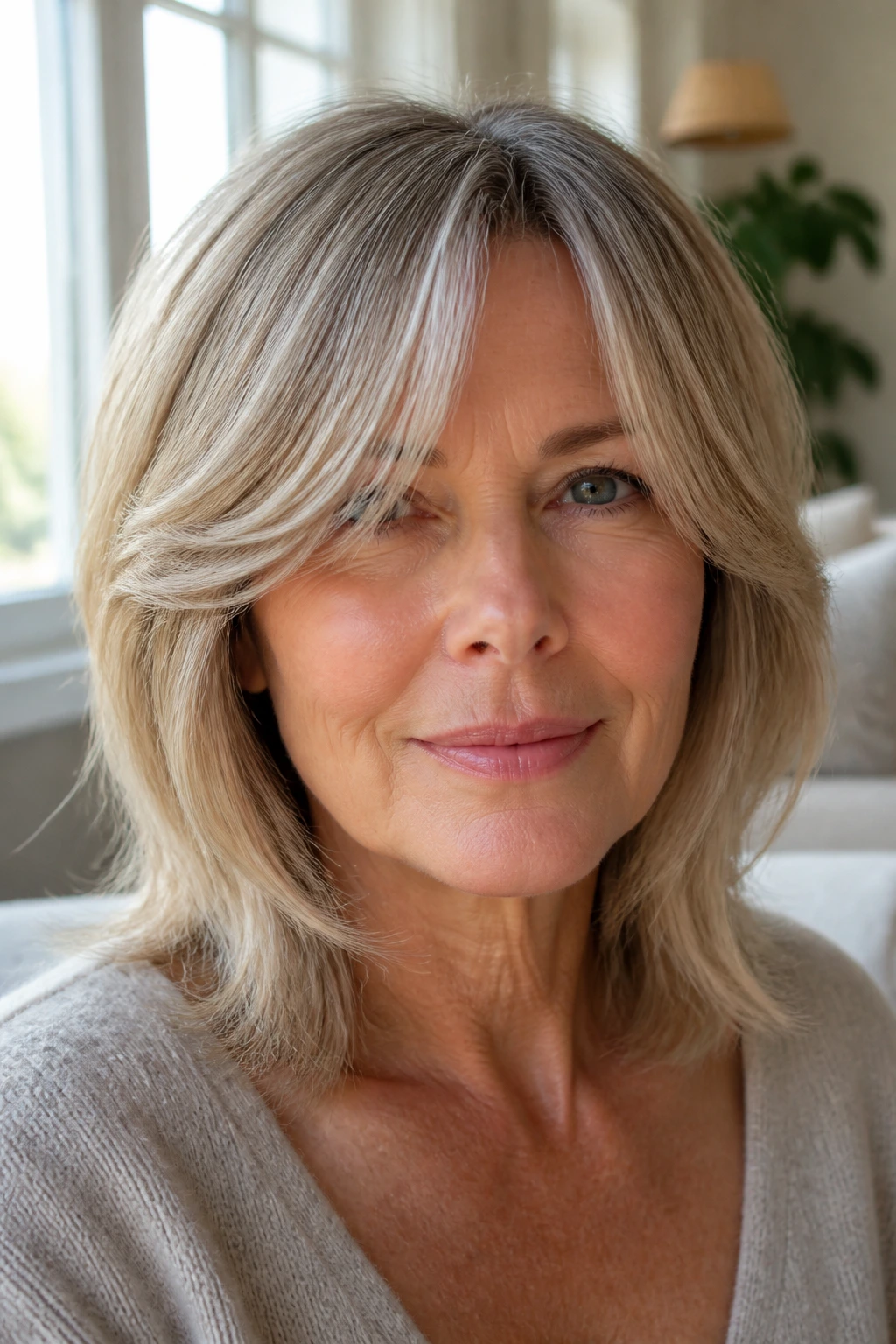 Woman with curtain bangs blending into side lengths in a bright room