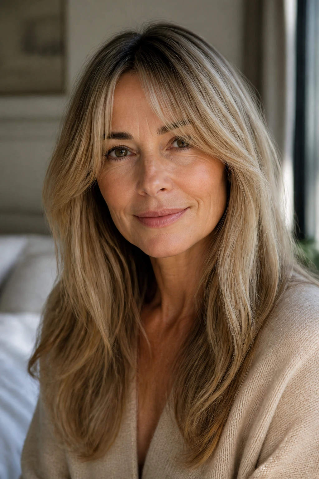 Close-up of a real woman with curtain bangs and fine hair showing width at the cheeks.