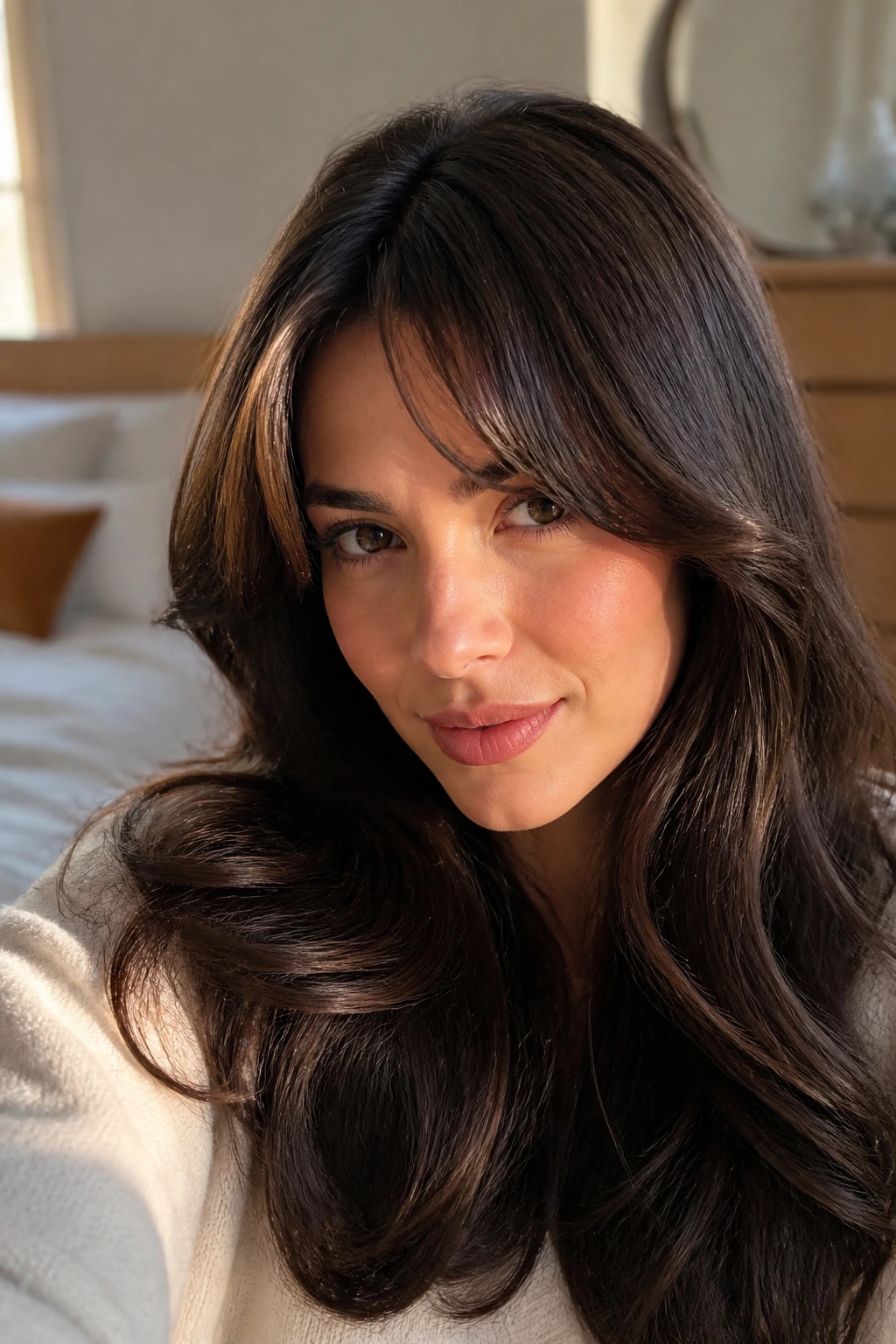 Close-up of a real woman with thick hair and curtain bangs showing glossy finish.