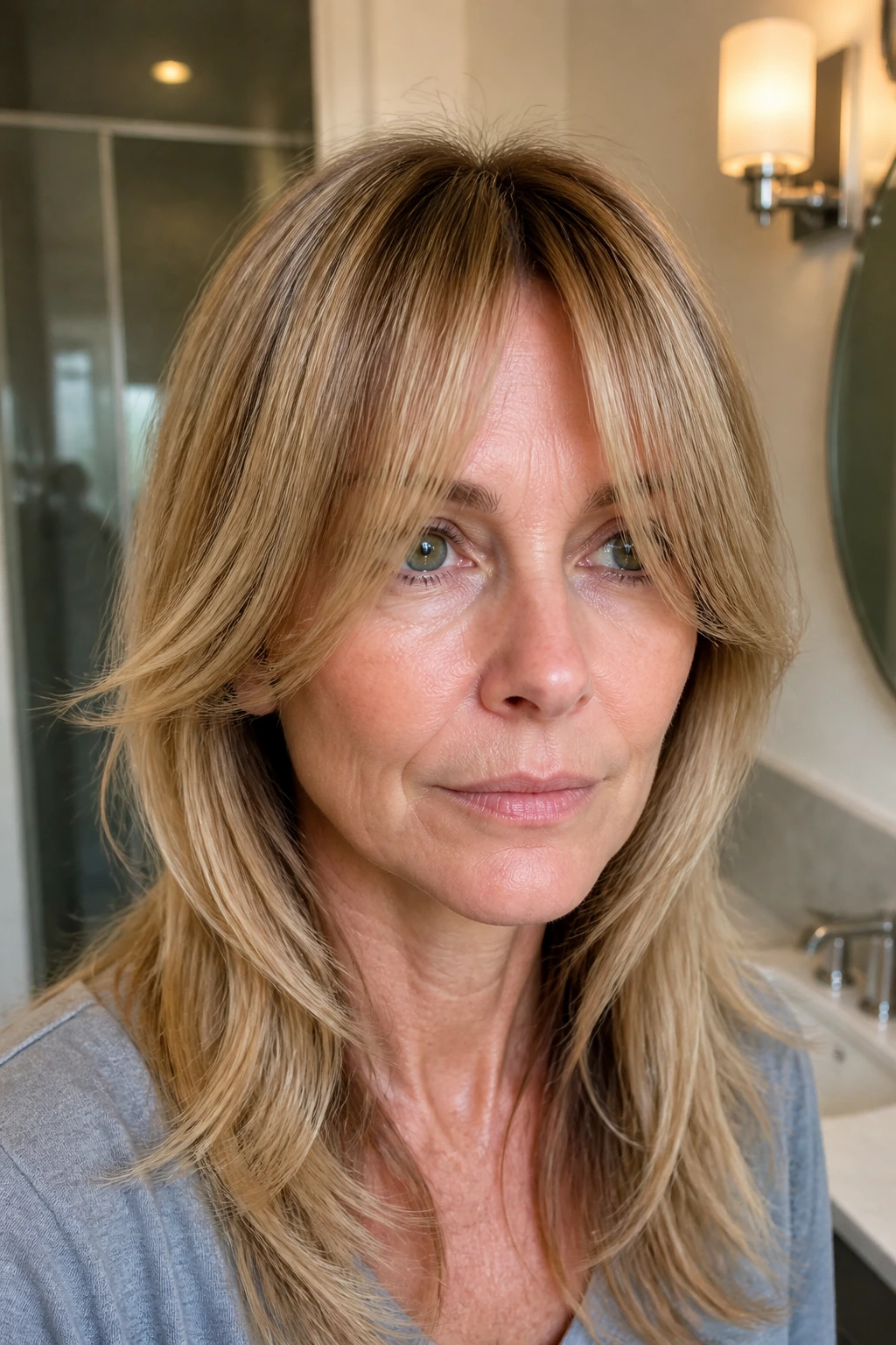 Close-up of curtain bangs that are too heavy or too thin on a real woman
