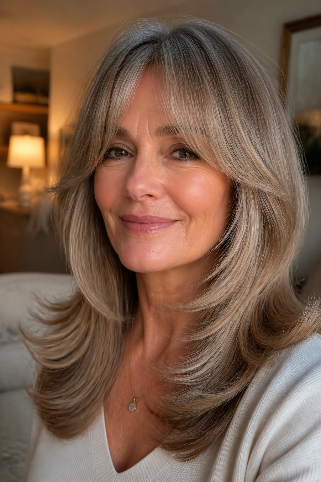 Close-up of a real woman with flipped-out ends and curtain bangs in a cozy indoor setting