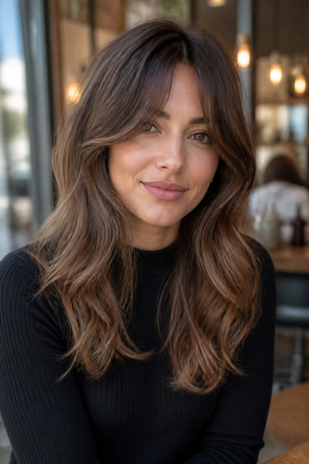 Real woman wearing curtain bangs with floating layers.