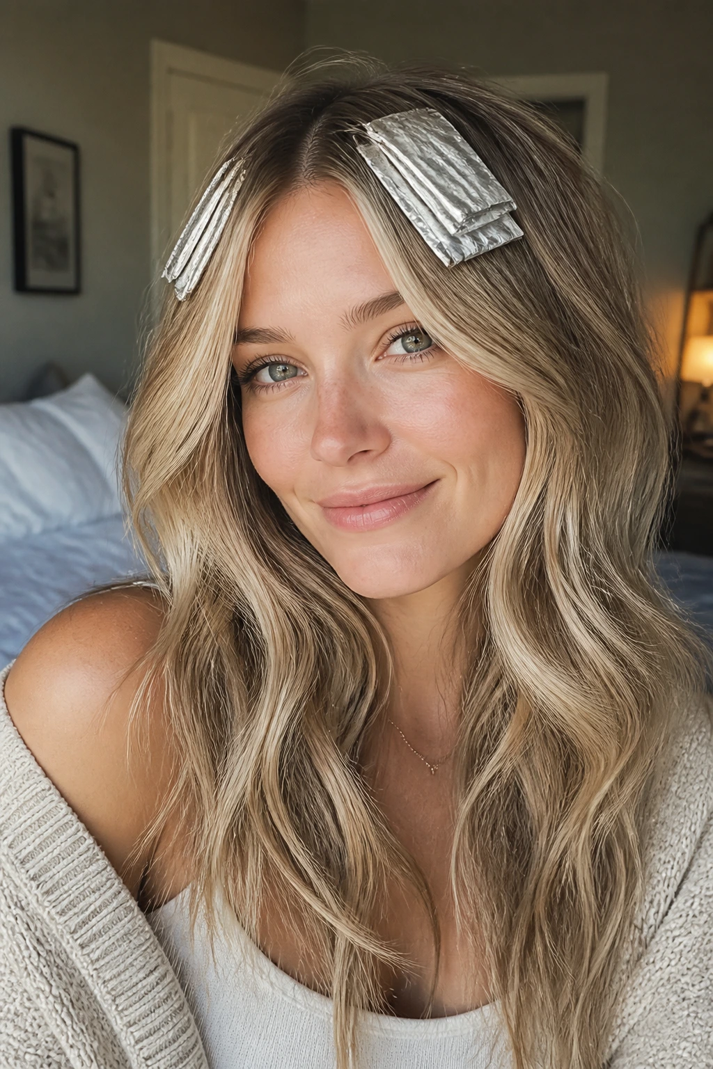 Close-up of real woman with curtain bangs and subtle foils around the fringe in window light
