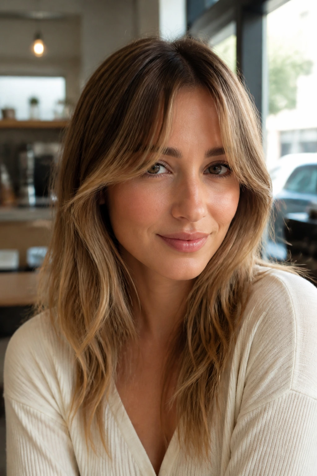 Portrait of a woman with curtain bangs, soft face-framing fringe