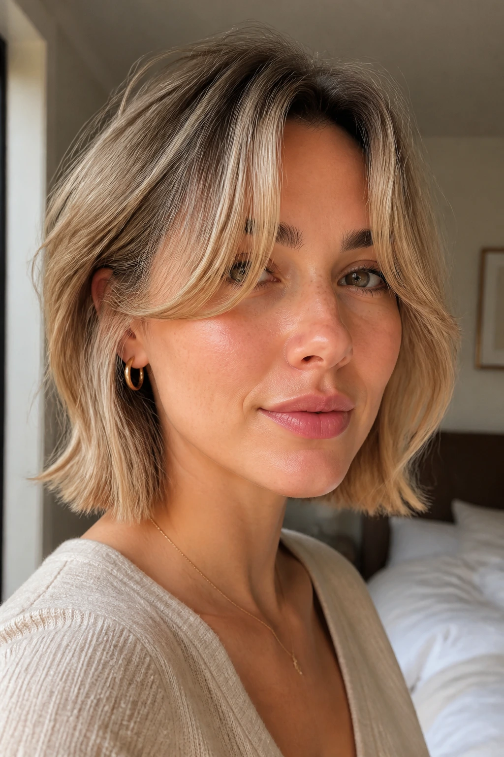 Portrait of a real woman with curtain bangs framing the face in natural light