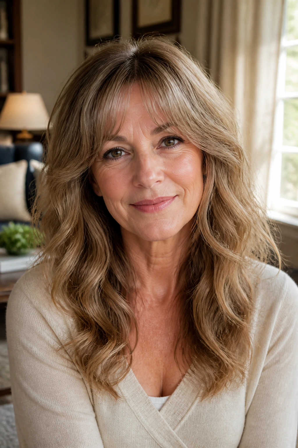 Close-up portrait of a real woman with wavy hair and curtain bangs emphasizing fullness
