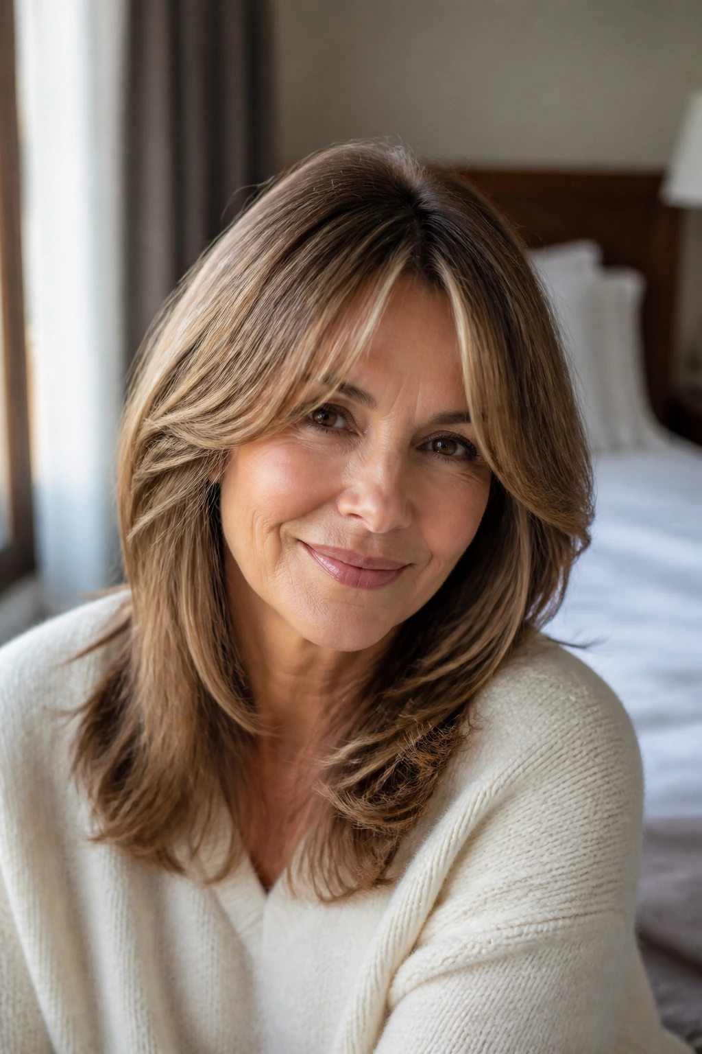 Close-up portrait of a real woman with curtain bangs and glossy hair in a cozy bedroom