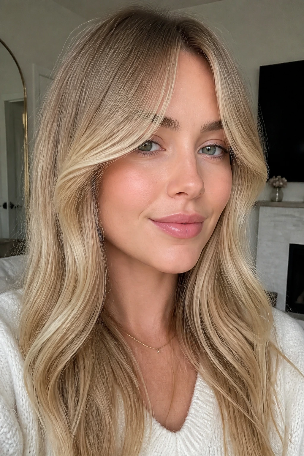 Close-up of a woman with curtain bangs and face-framing blonde.