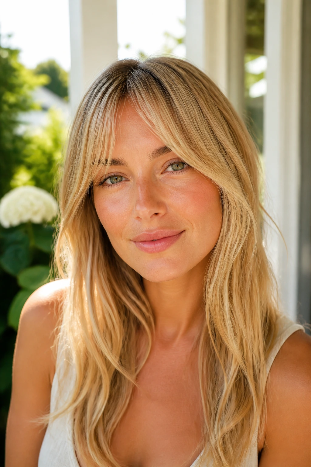 Close-up of soft micro curtain bangs in golden blonde on a real woman outdoors