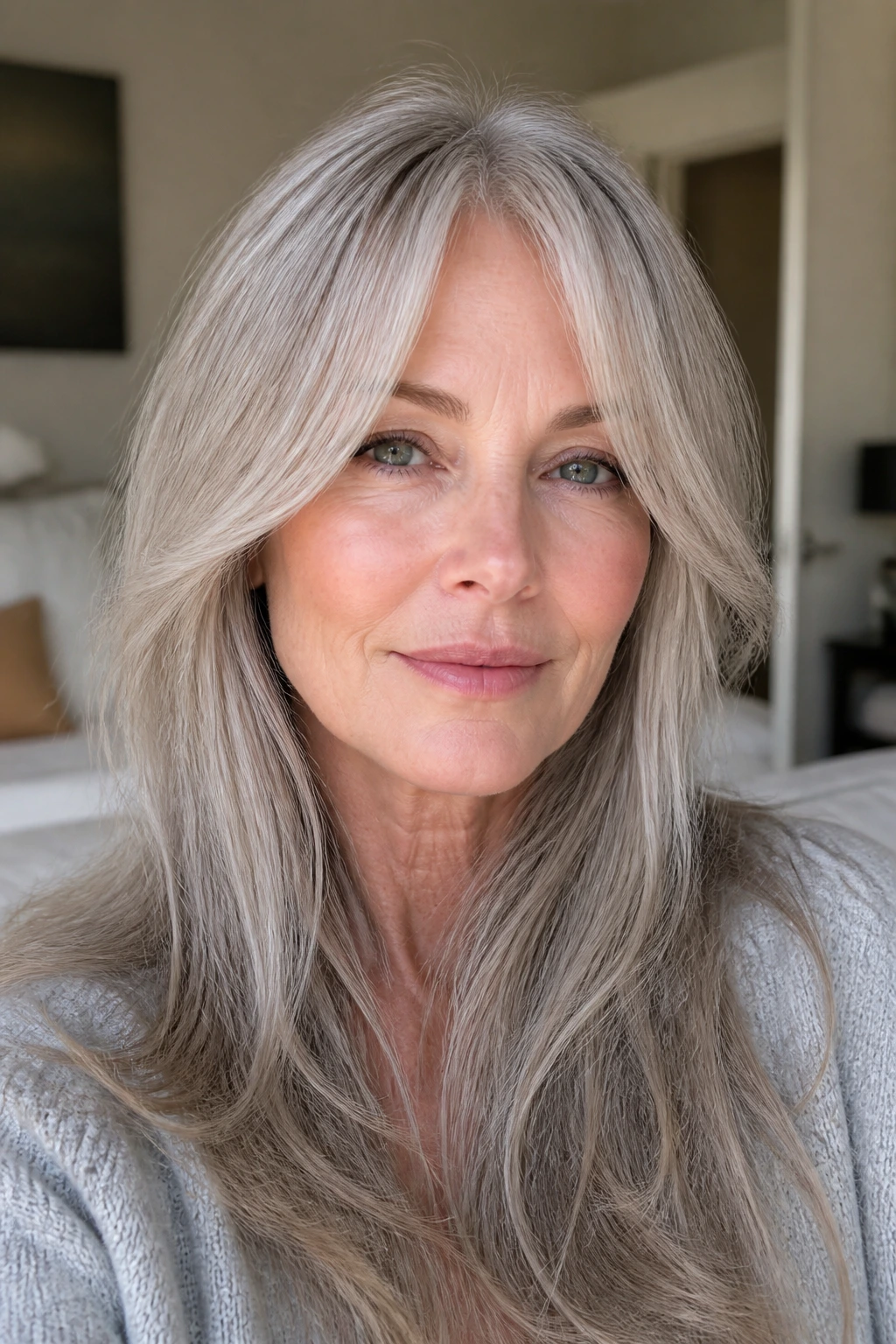 Close-up portrait of a real woman with curtain bangs and long gray hair