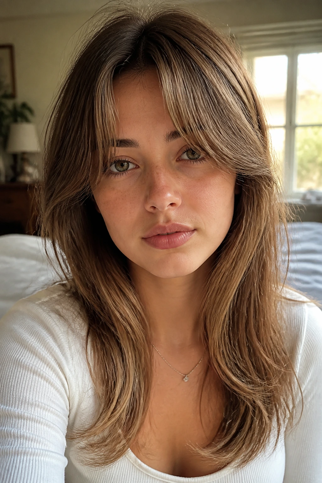 Close-up of real woman with curtain bangs that grow out, eye-framing fringe.