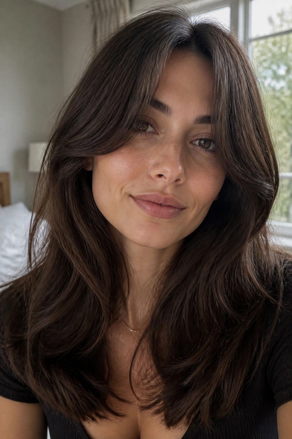 Close-up of a real woman with grown-out curtain bangs
