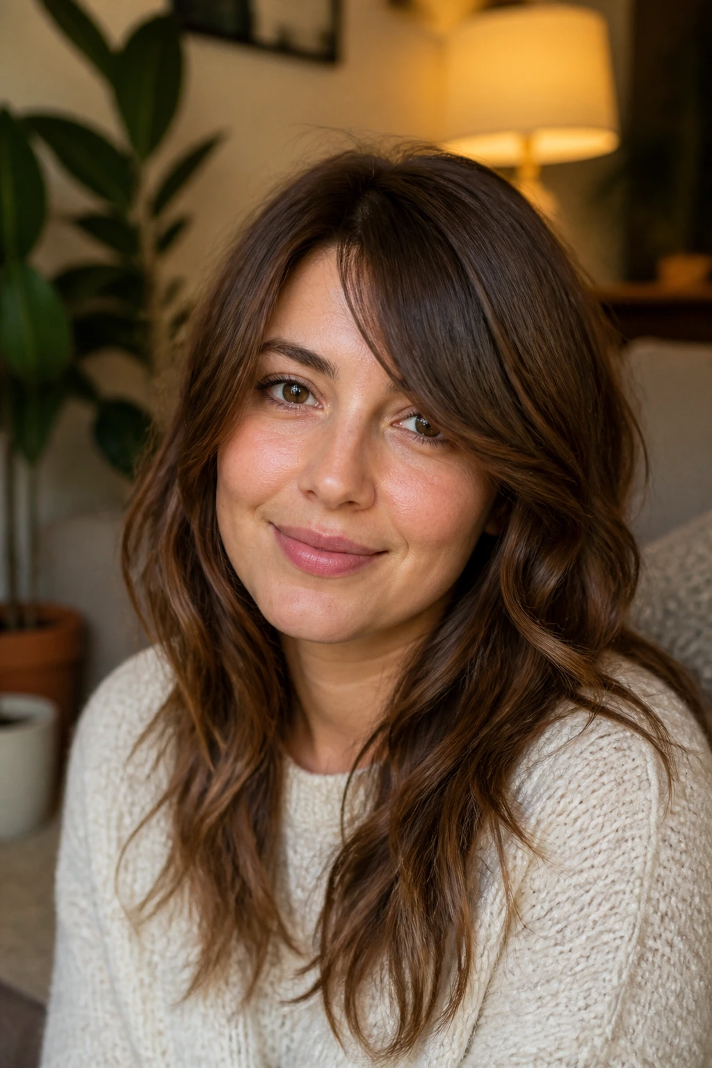 Real woman with grown-out curtain bangs and deep side bias in a cozy living room