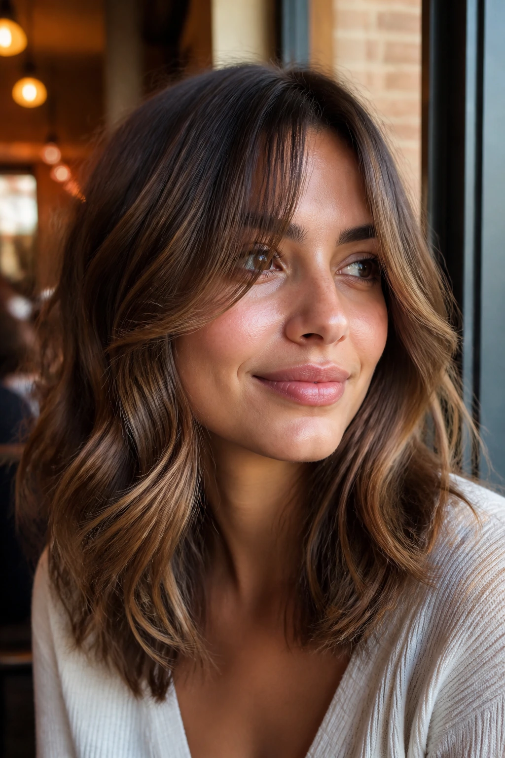 Close-up of curtain bangs split at the cheekbones on a real person