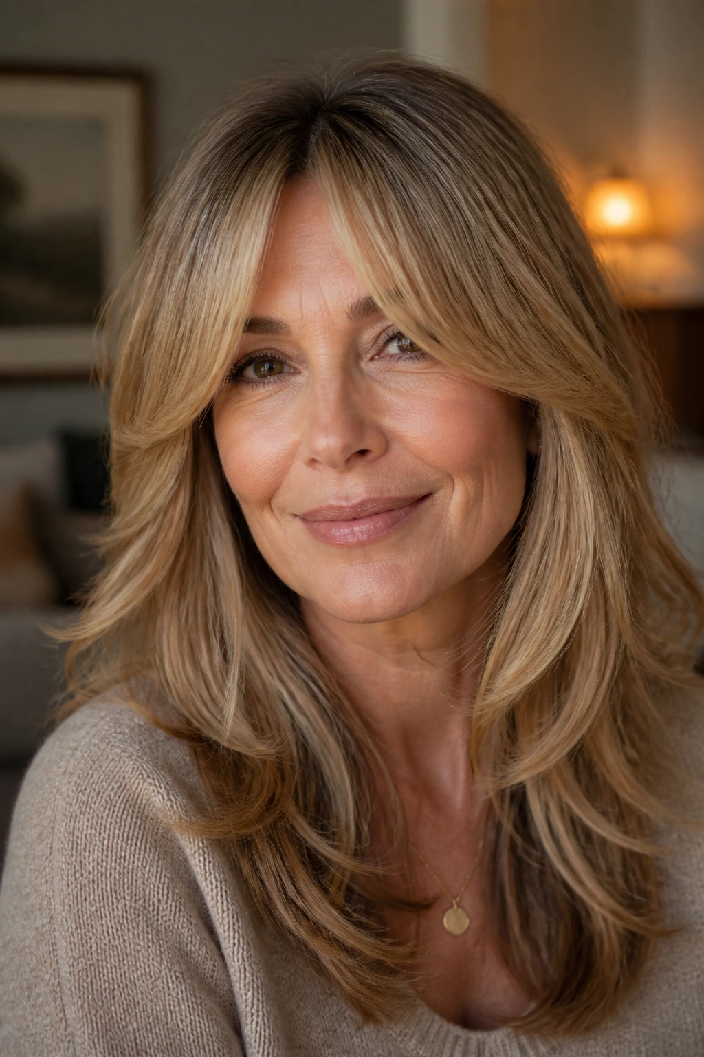 Portrait of a woman with curtain bangs blending into mid-length layers.
