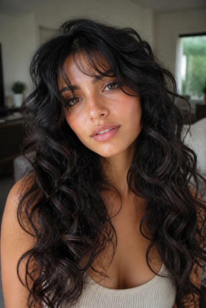 22 Long Dark Hairstyles for Curly Hair with Curtain Bangs