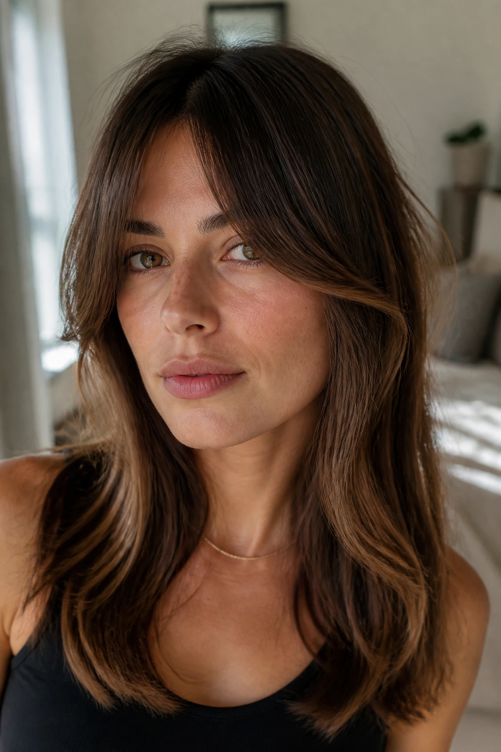 Portrait of real woman with curtain bangs and long side pieces softening the jaw.