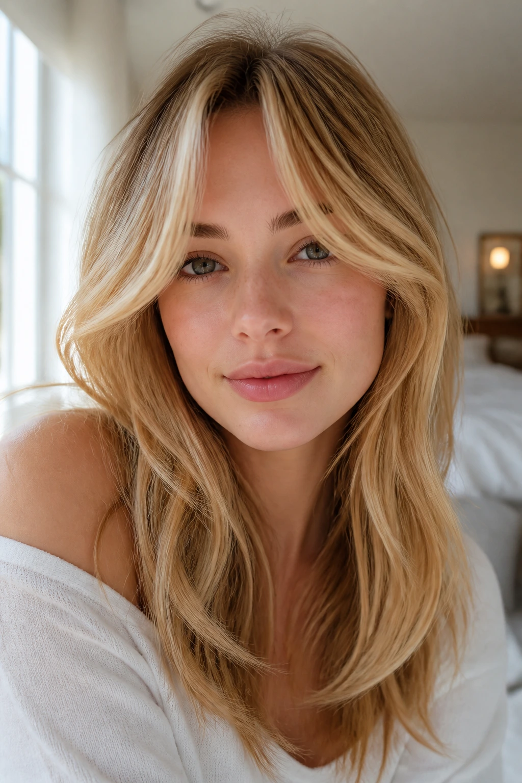 Close-up of a woman with curtain bangs and honey glow around the face.