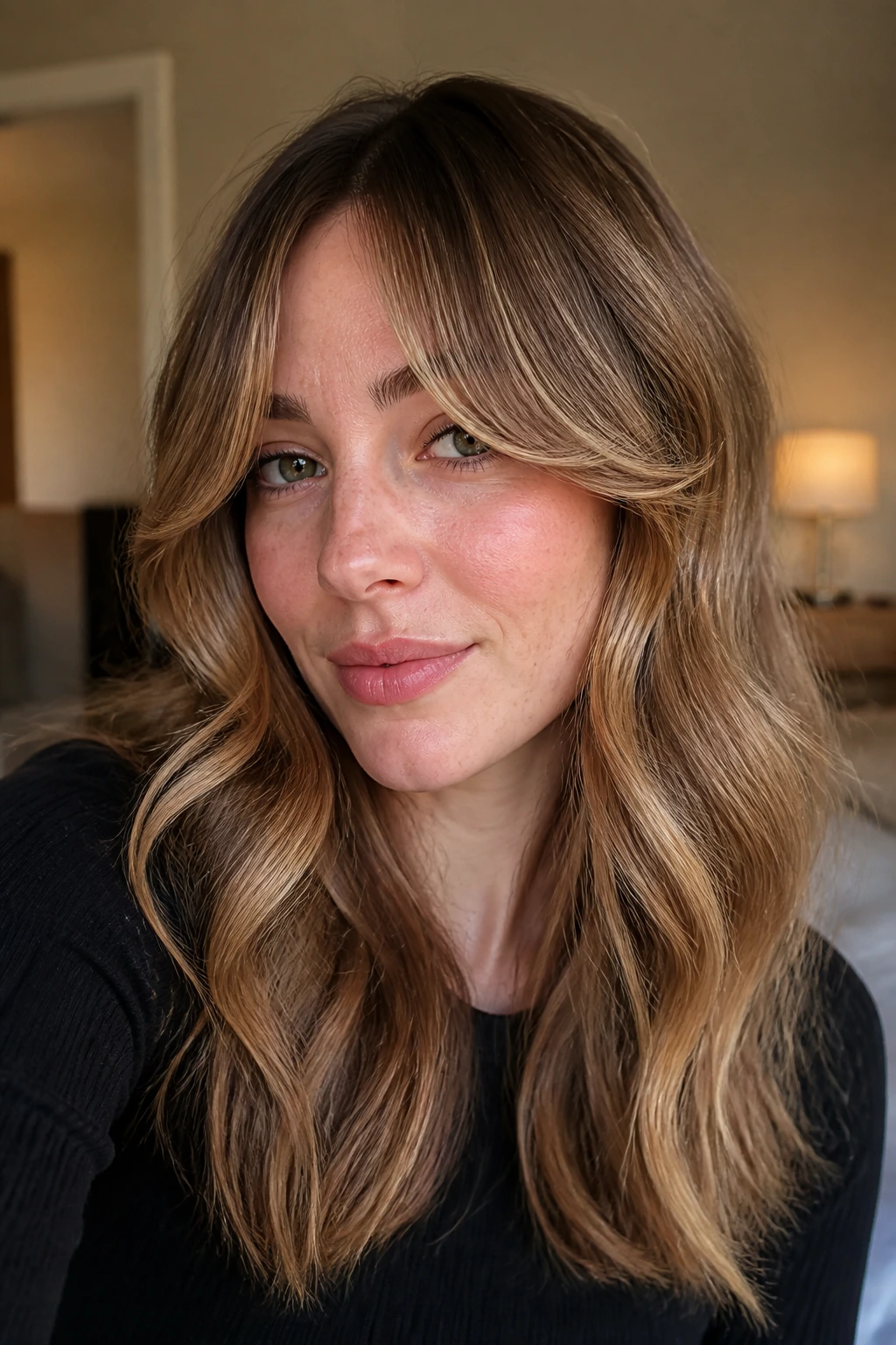 Portrait of a real woman with curtain bangs and honey sweep