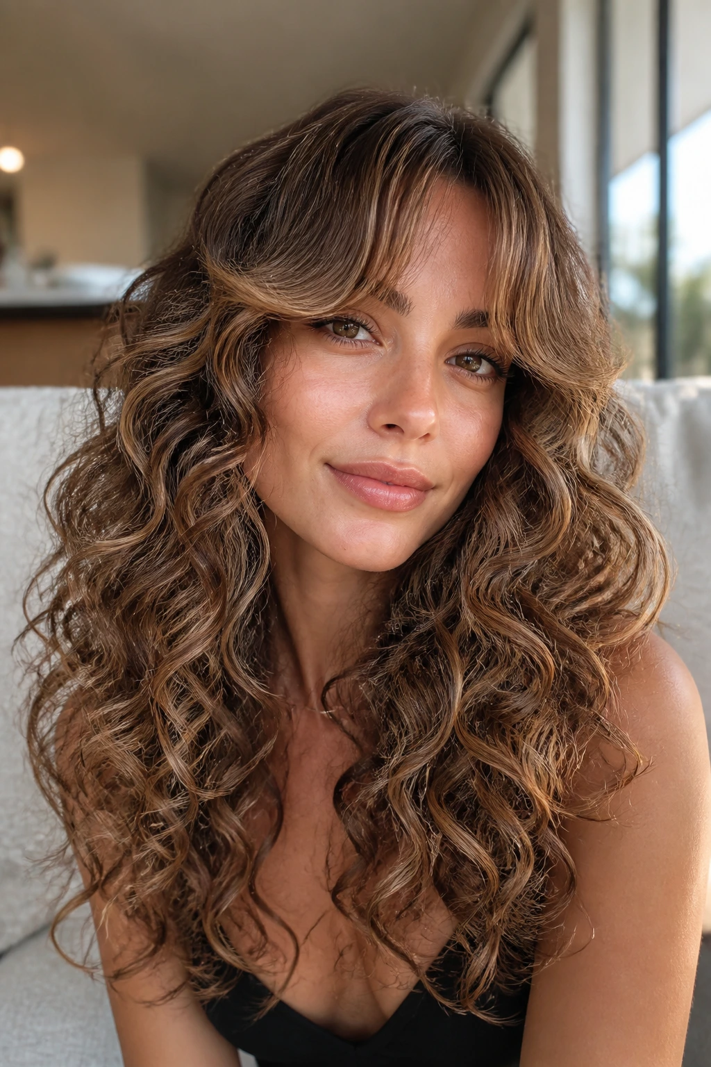 Front close-up of a real woman with curtain bangs and honey sweep on curly hair
