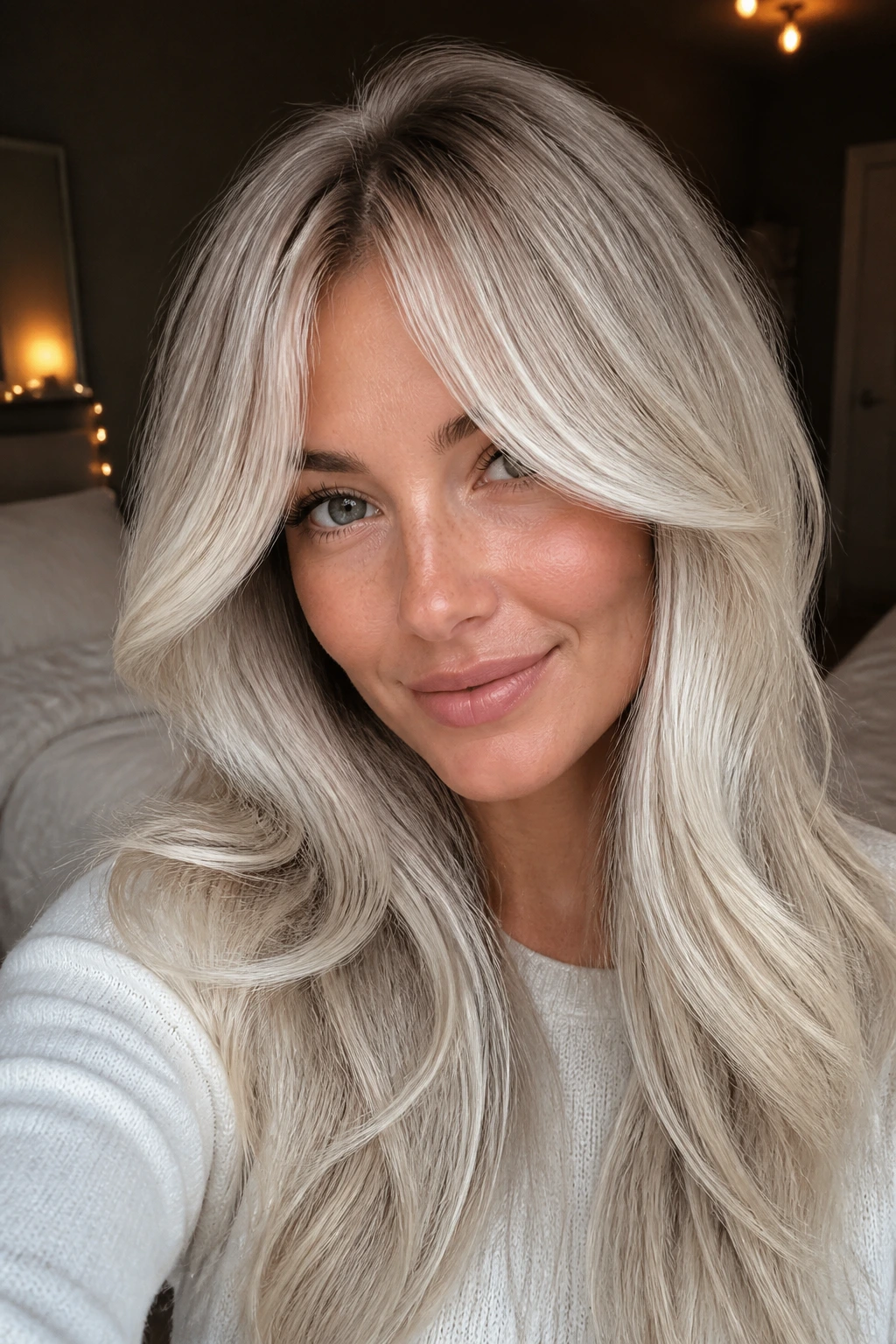 Close-up portrait of a woman with curtain bangs and frosted face-framing layers in ice blonde