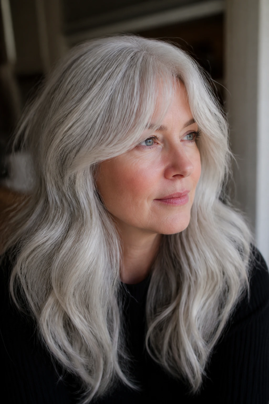 Real person with curtain bangs and long icy waves under natural light