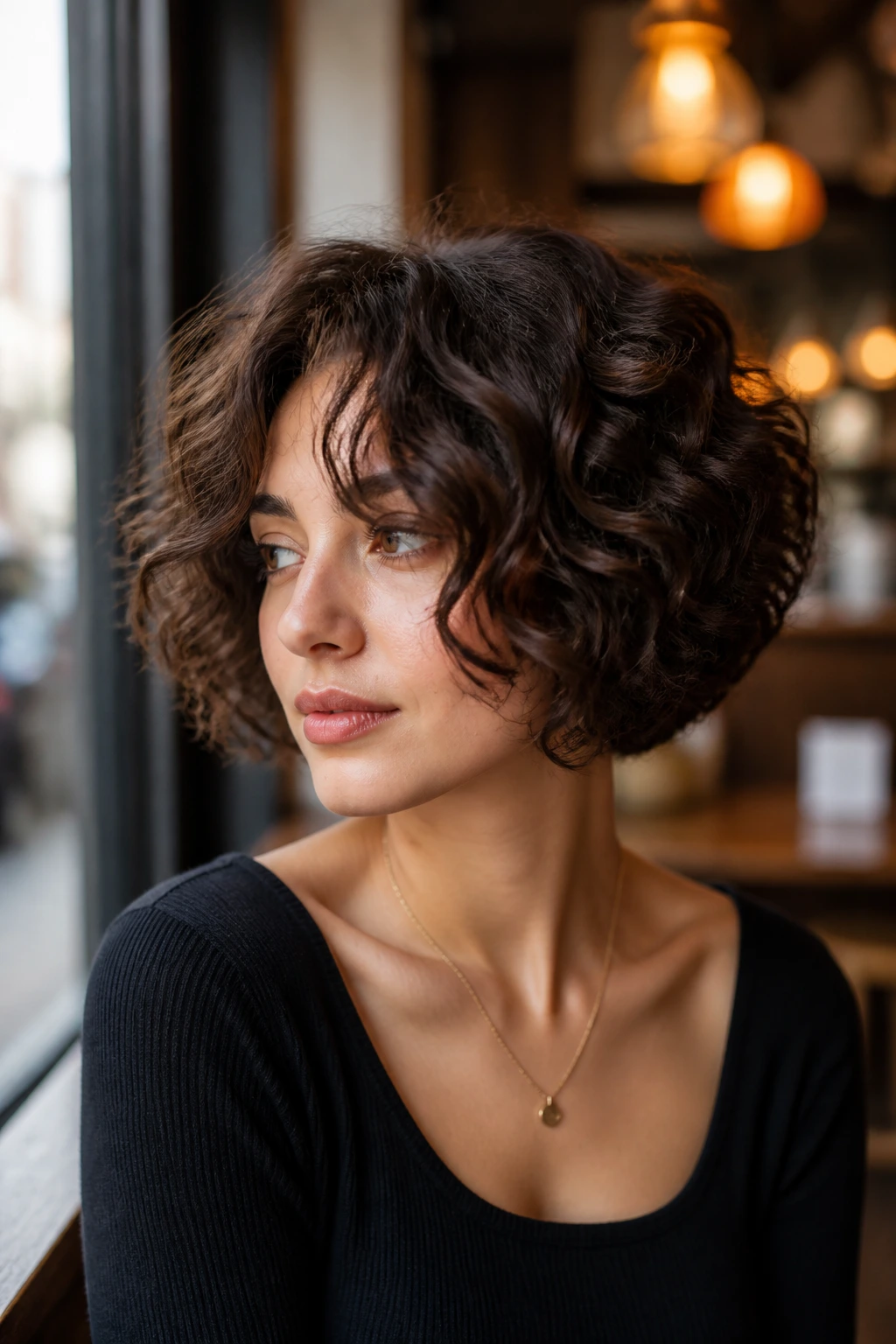 Portrait of a real person with curtain bangs and curly inverted bob