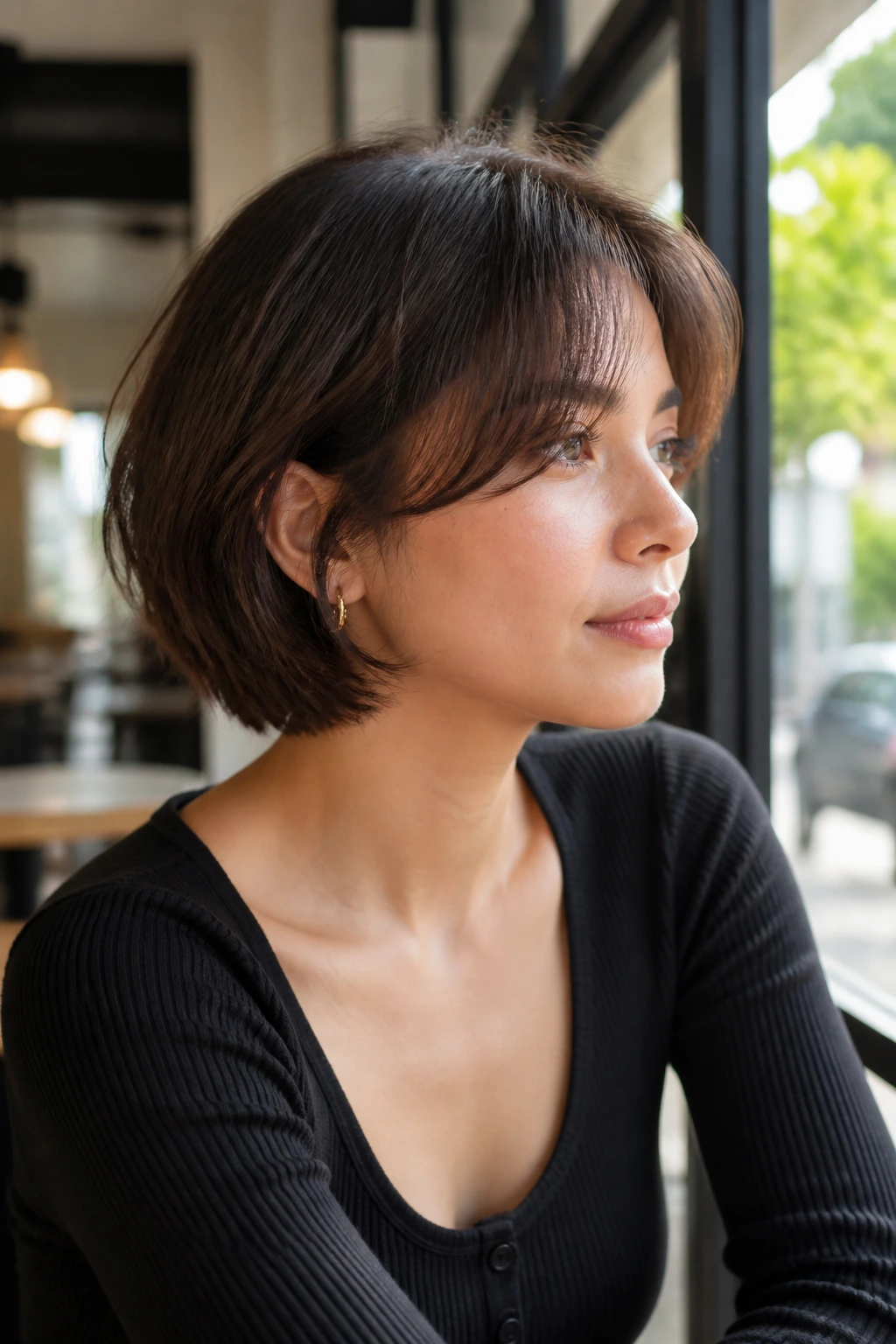 Real person wearing curtain bangs on layered bob in natural light