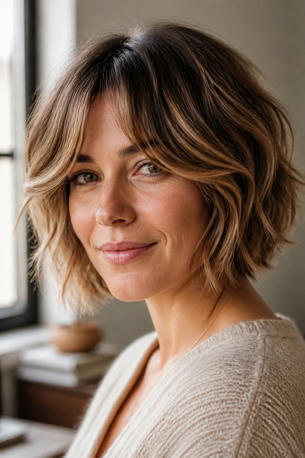 Real woman with curtain bangs blended into layered bob