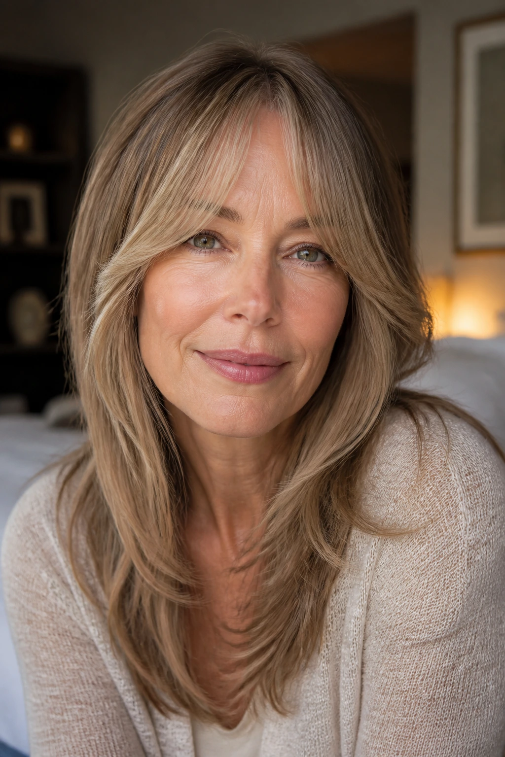 Portrait of a real woman with curtain bangs and layered front hair