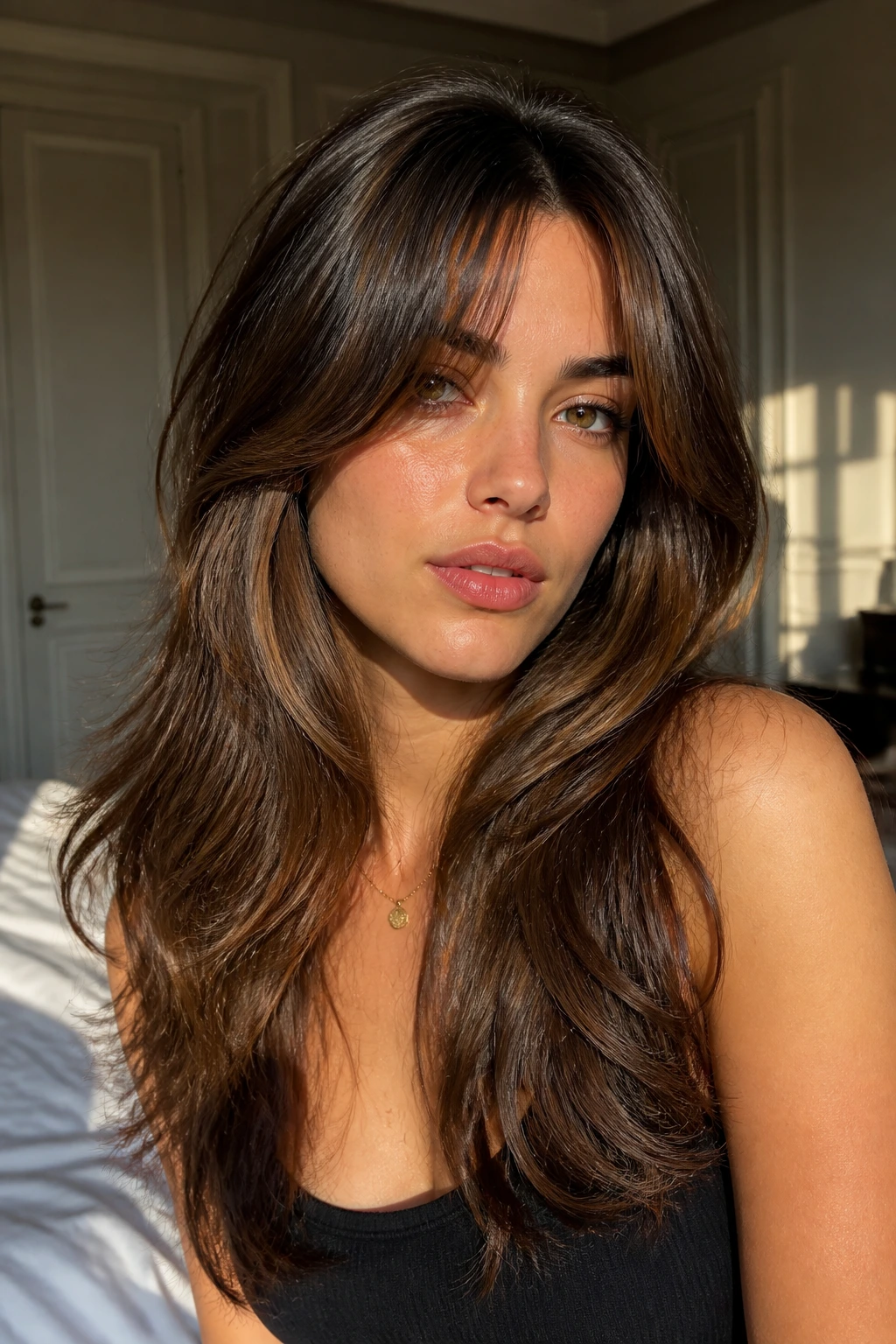 Portrait of a real person with curtain bangs and glossy layered lengths.