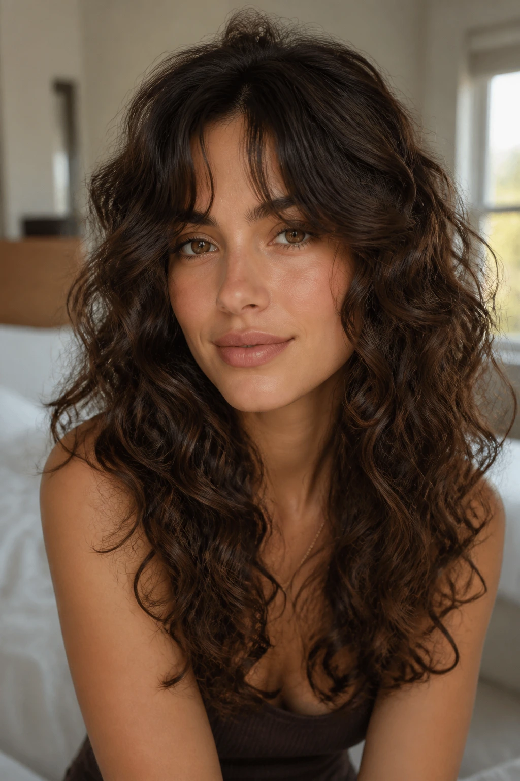 Close-up of curtain bangs with long layered curls framing the face