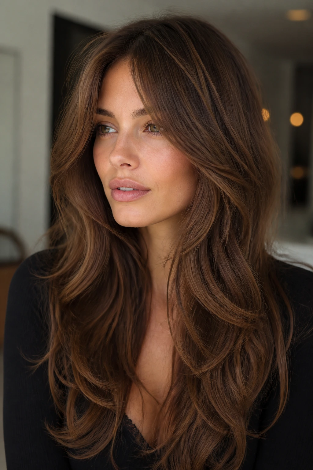 Close-up portrait of a real woman with curtain bangs and butterfly layers