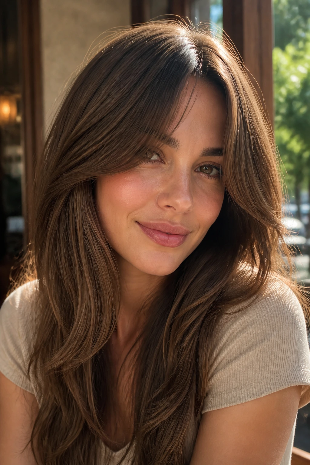 Real woman with curtain bangs and long airy layers in sunlit setting