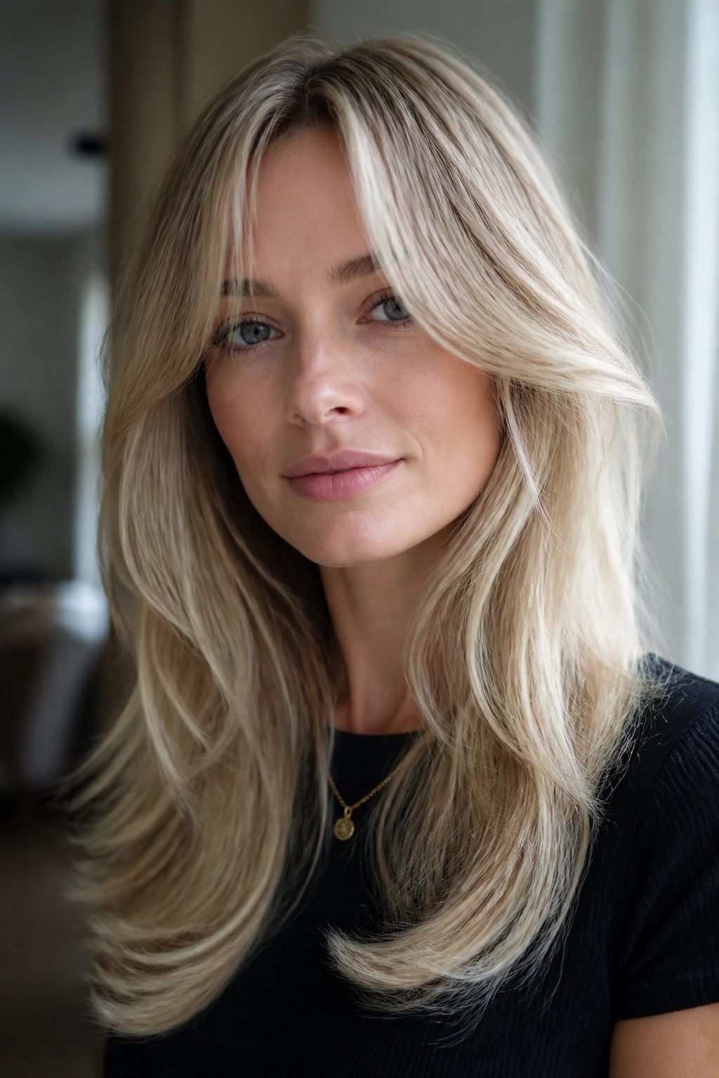 Portrait of a real woman with curtain bangs and long layers on cool blonde hair