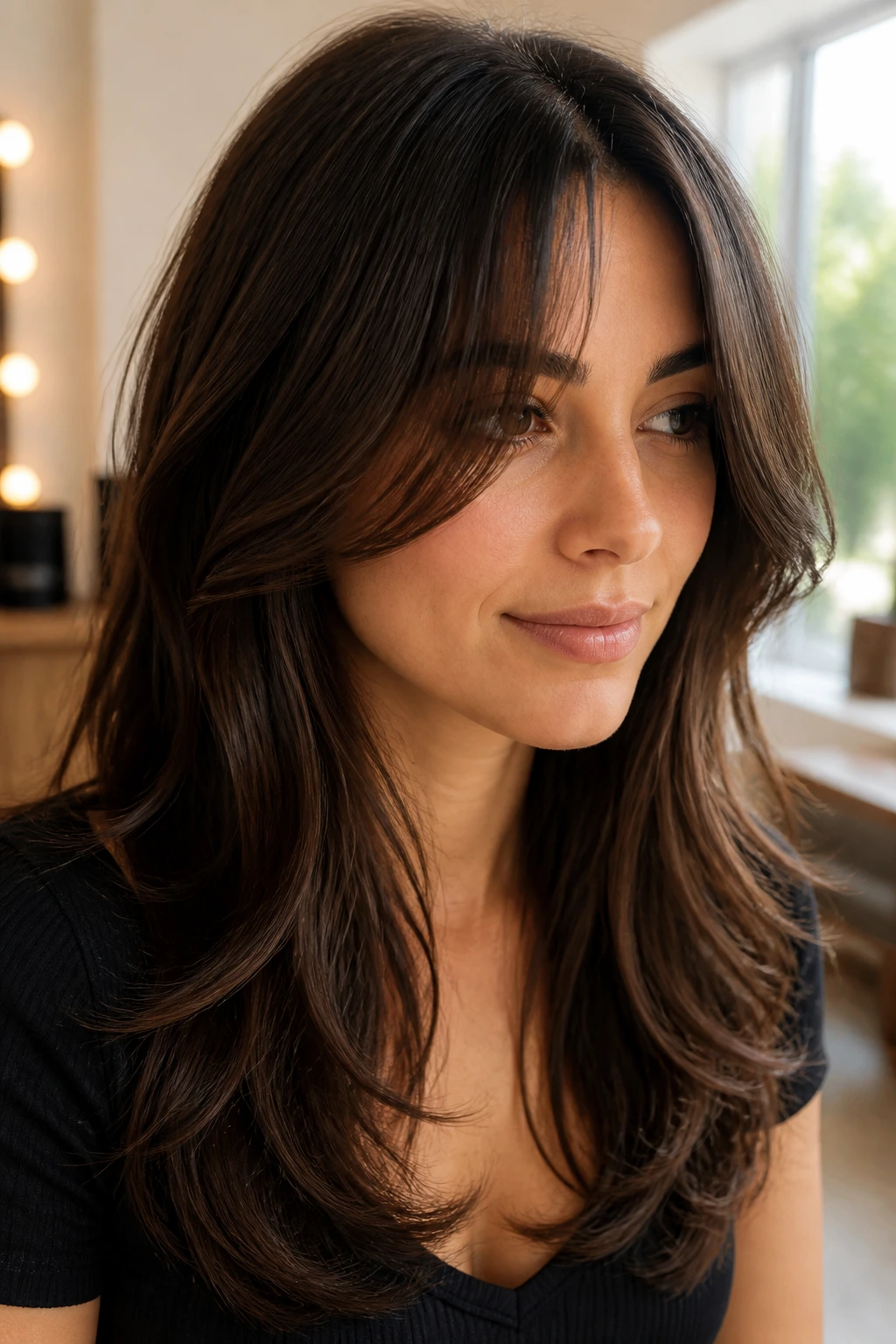 Brunette with curtain bangs and long face-framing layers portrait