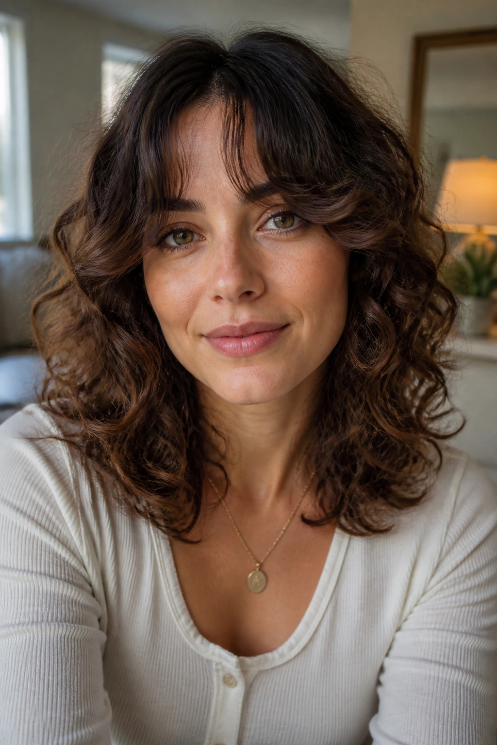 Close-up of a real woman with Curtain Bangs and Shoulder Layers