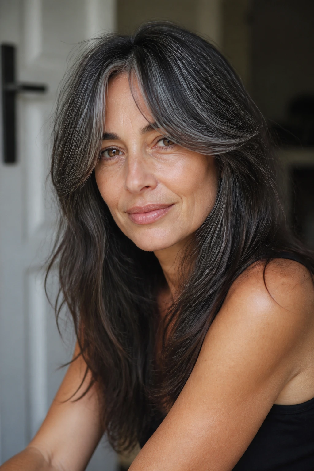 Close-up of curtain bangs and long layers on a real person in soft light