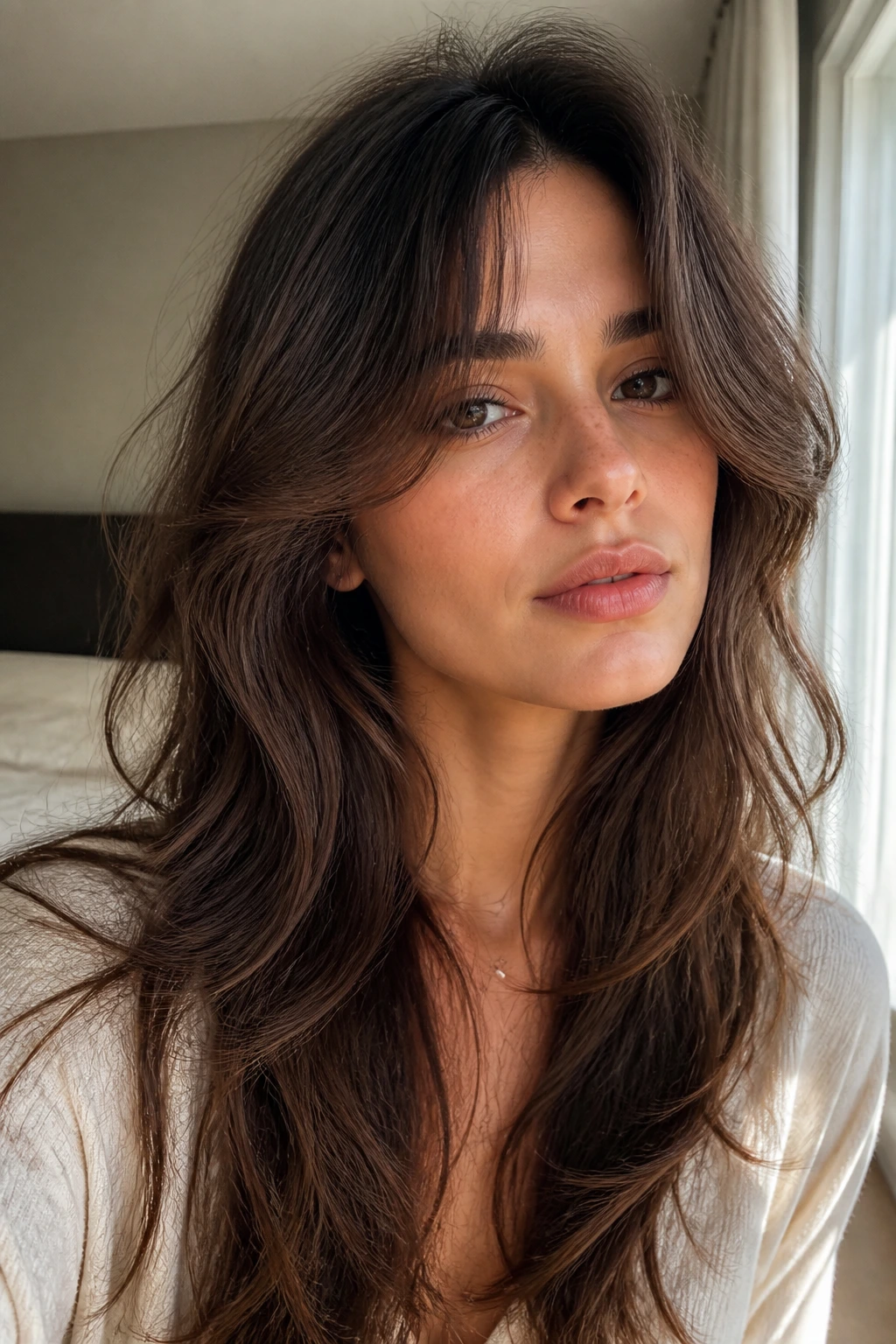 Woman with curtain bang layers framing the face