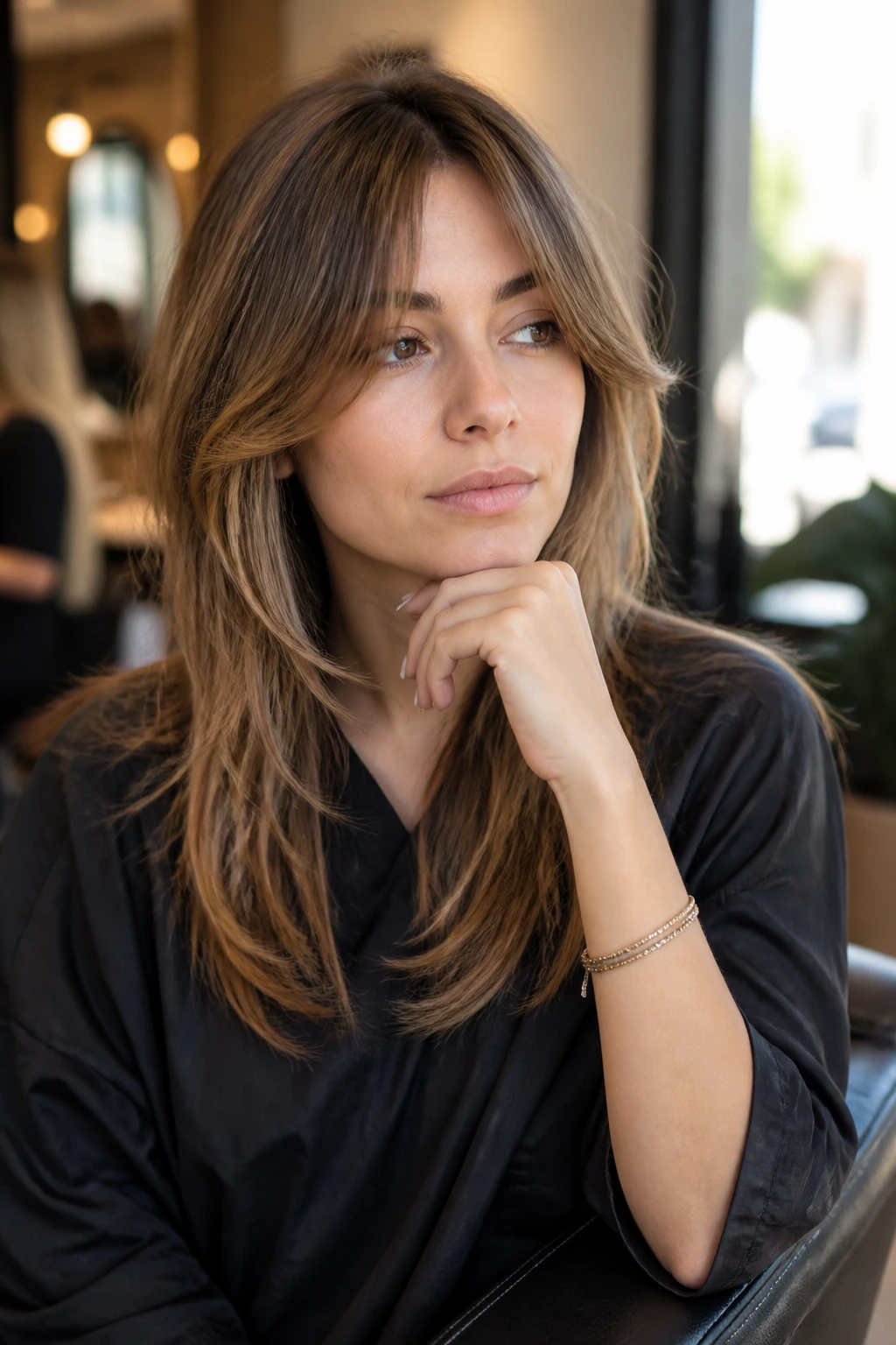 Close-up portrait of a woman in a salon with curtain bangs and layered hairstyle.