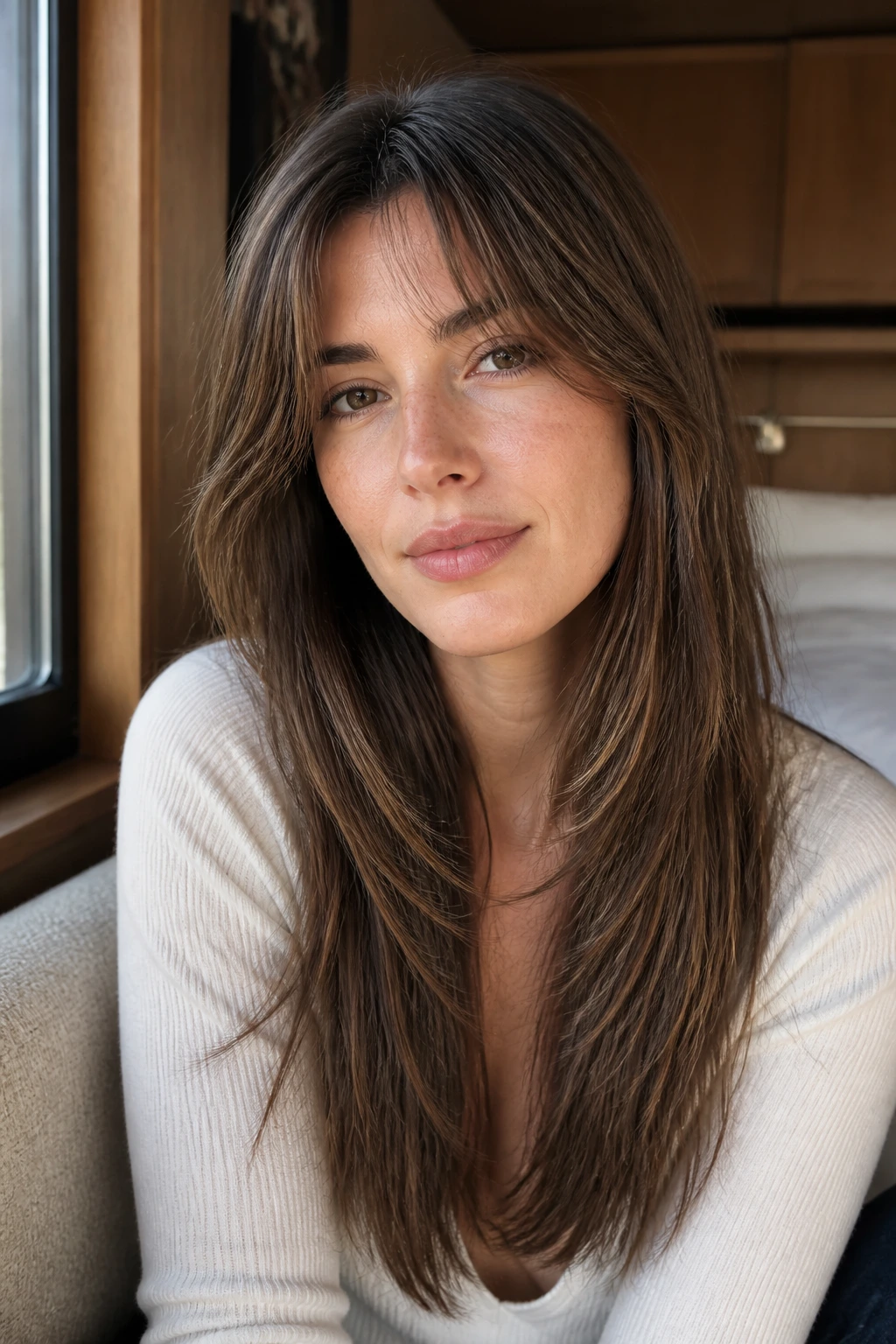 Close-up portrait of a real woman with bangs and long layers under natural window light