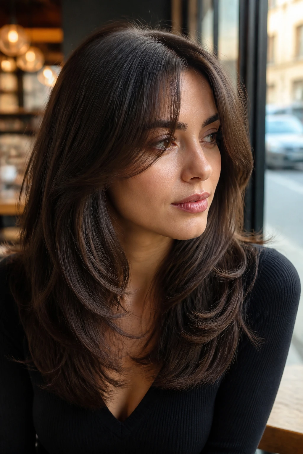 Portrait of woman with curtain bangs and mid-length layers in cafe window light