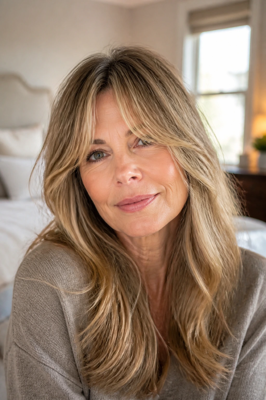 Woman with curtain bangs blending into hair length